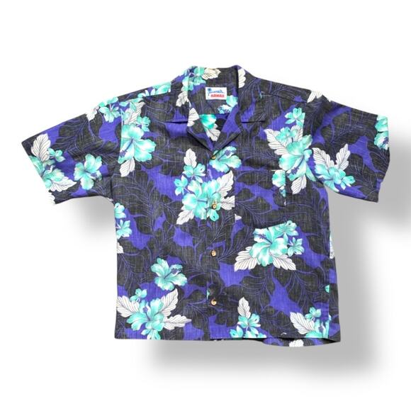 Vintage Hawaiian Printed Aloha Shirt Purple Green Hibiscus Floral Short Sleeve - Picture 6 of 6